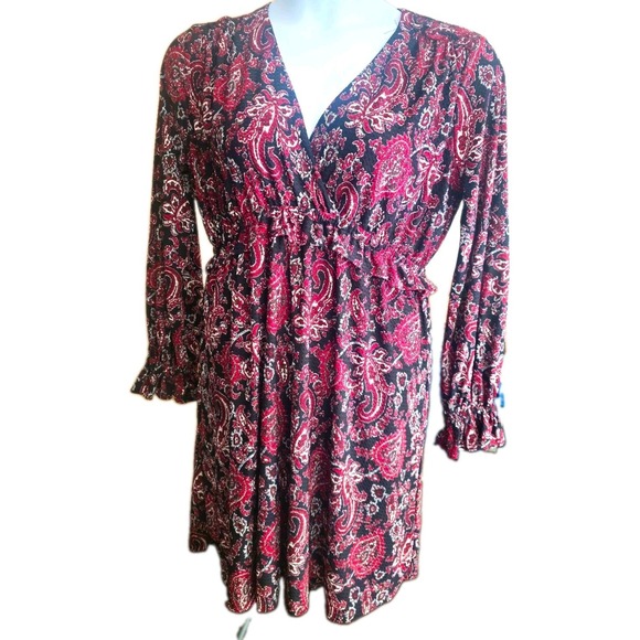 MICHAEL Michael Kors Dresses & Skirts - NWT Michael Michael Kors Black Maroon Paisley Faux Wrap Ruffle Sleeves Dress L